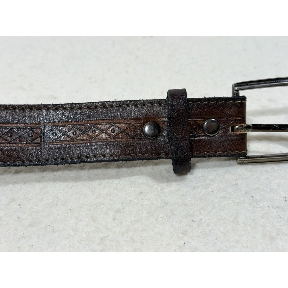 Vintage Leather Belt Western Tooled Brown Wool Inlay Boho Rustic 36